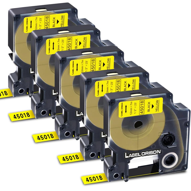 Label Orison ملصق أوريزون متوافق مع شريط ملصقات دايمو D1 45018 أسود على أصفر بديل لجهاز صنع الملصقات دايمو إعادة تعبئة D1 12 مم لجهاز دايمو لابيل مانجر 160 280 260P 210D PNP 420P 360D 220P 500TS، 1/2'' × 23'، 5 عبوات - Image 1